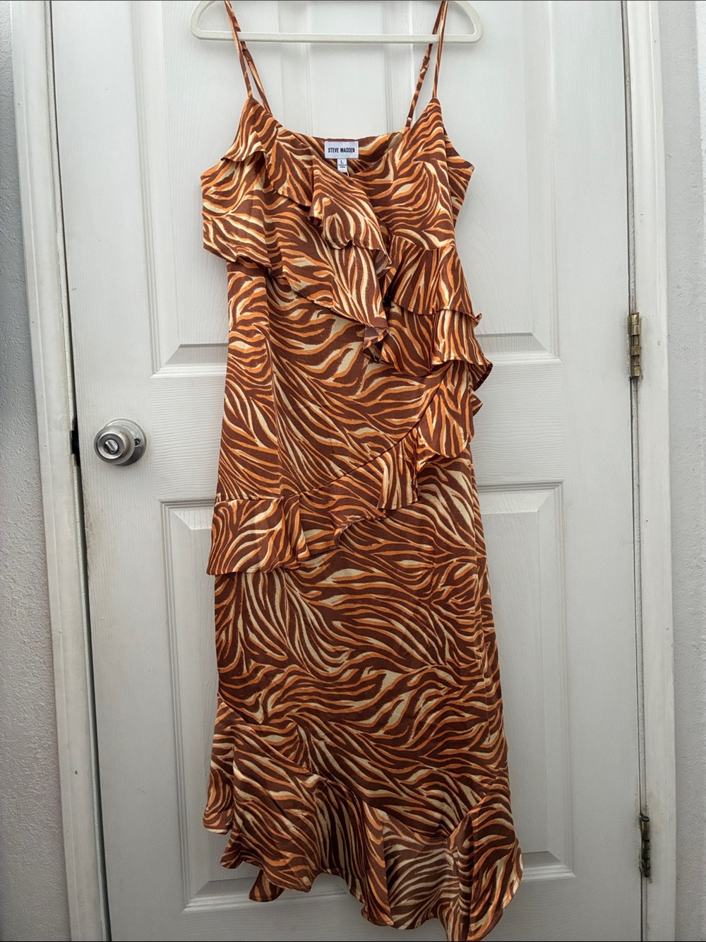 Steve Madden Rust and Cream Ruffle Slip Midi Dress